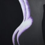 Abstract art with flowing purple and white lines on a black background.