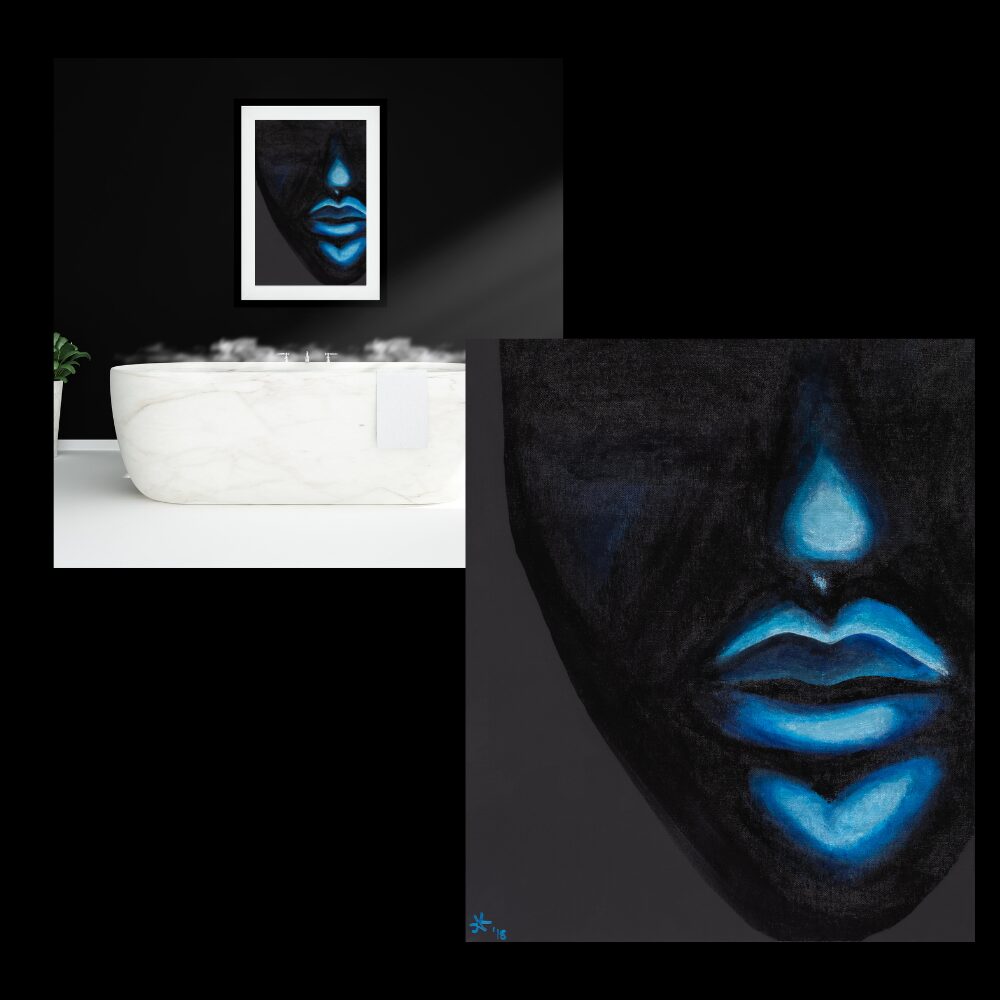 Blue tone, contemporary figurative artwork featuring a glowing female face, emerging from deep black shadow created by Ashley Karno